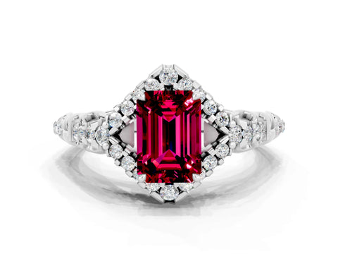 White gold Emerald Cut Garnet Solitaire Ring with Hidden Halo and Pavé Band_12