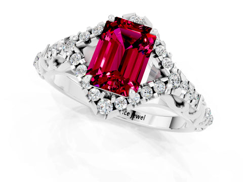 White gold Emerald Cut Garnet Solitaire Ring with Hidden Halo and Pavé Band_13