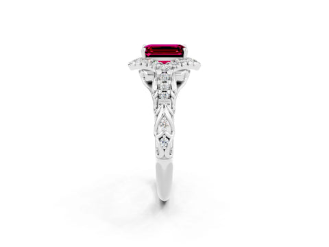 White gold Emerald Cut Garnet Solitaire Ring with Hidden Halo and Pavé Band_14