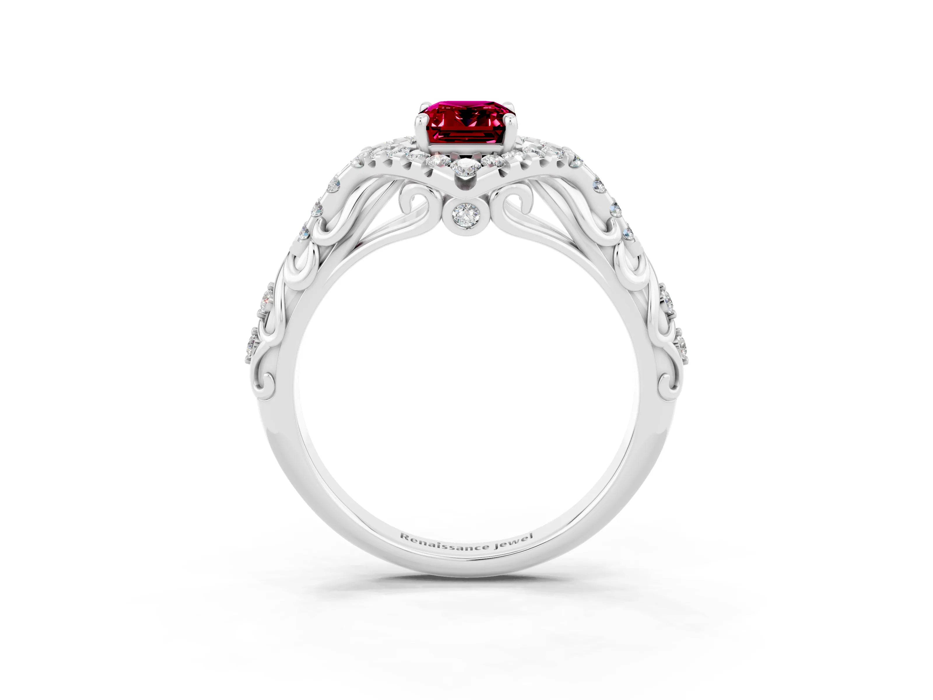 White gold Emerald Cut Garnet Solitaire Ring with Hidden Halo and Pavé Band_15