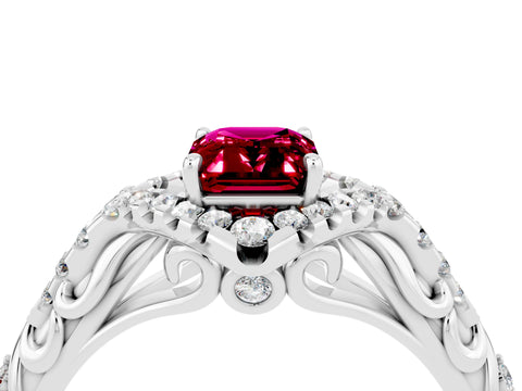 White gold Emerald Cut Garnet Solitaire Ring with Hidden Halo and Pavé Band_16