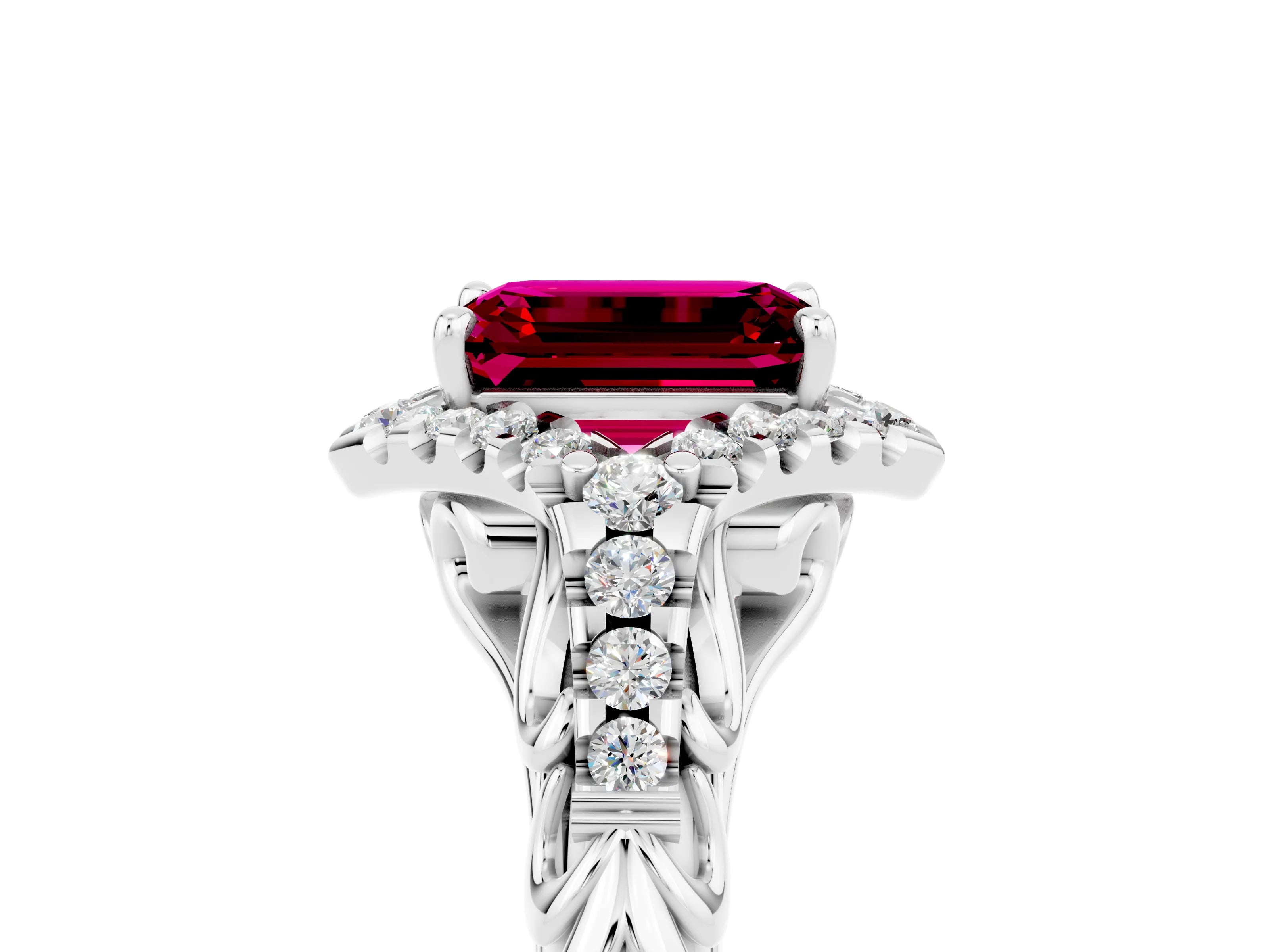 White gold Emerald Cut Garnet Solitaire Ring with Hidden Halo and Pavé Band_17