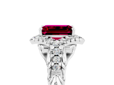 White gold Emerald Cut Garnet Solitaire Ring with Hidden Halo and Pavé Band_17