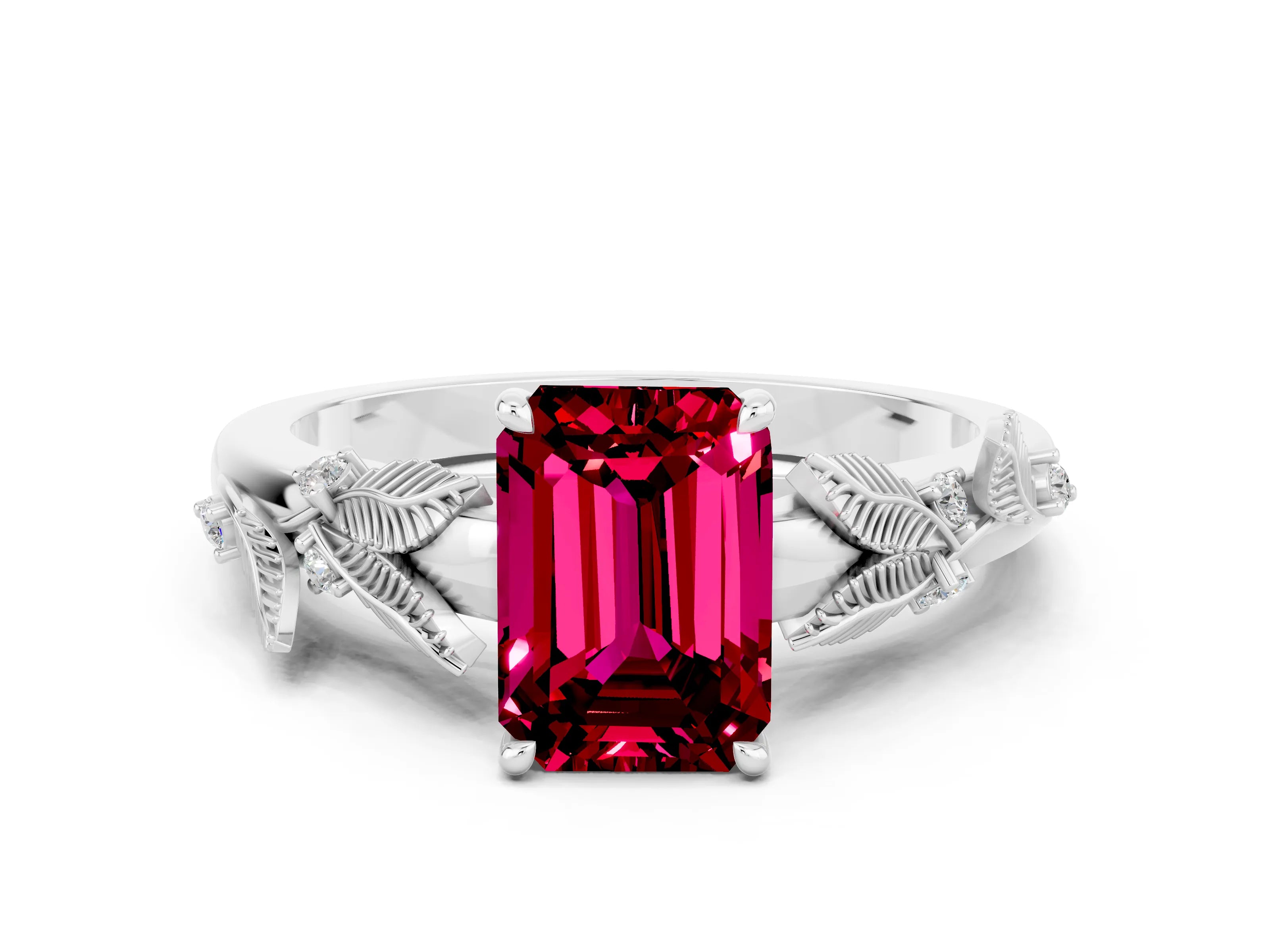 White gold Emerald Cut Garnet Solitaire Ring with Leaf Motif Band and Four-Prong Setting_12