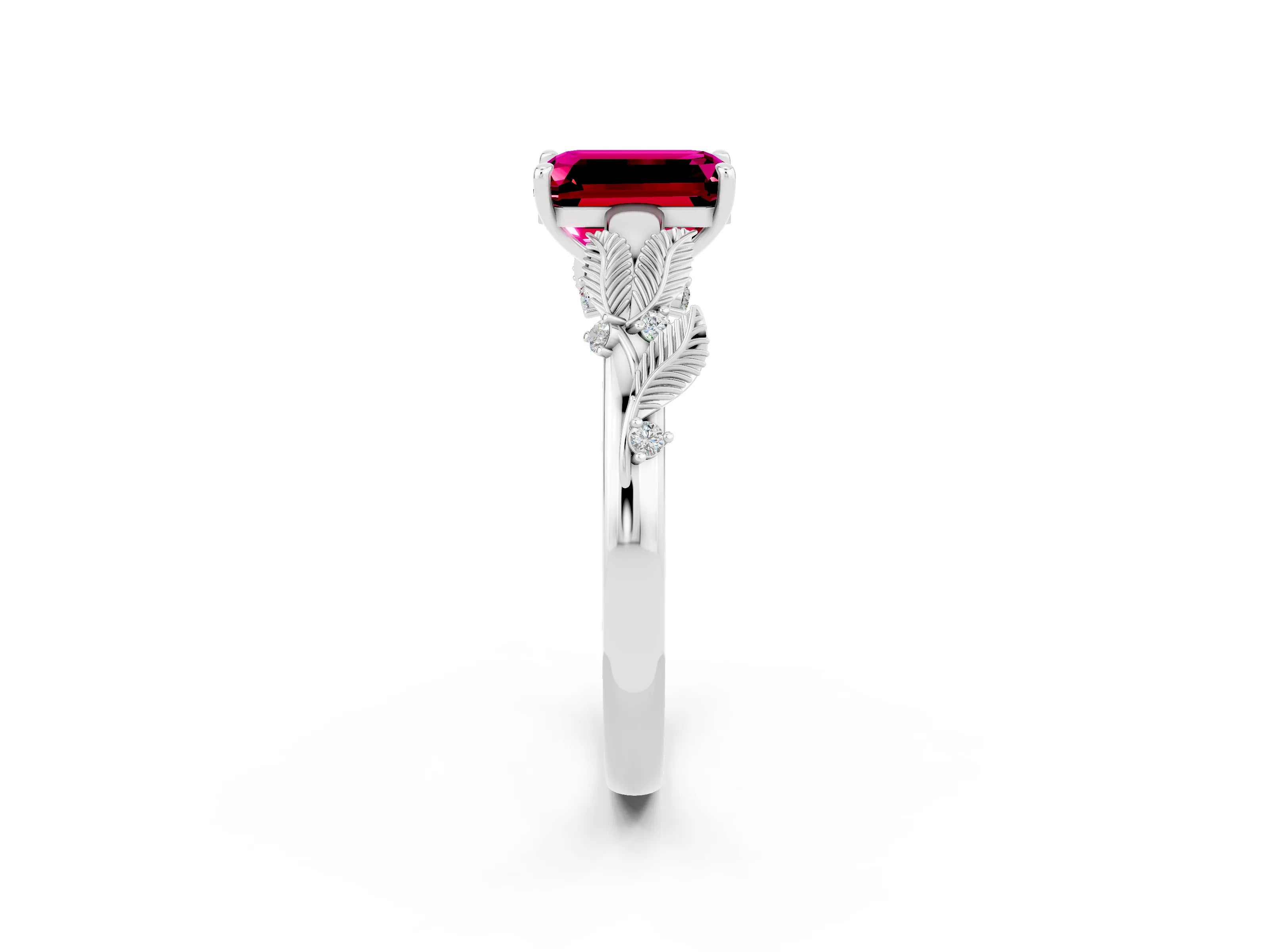 White gold Emerald Cut Garnet Solitaire Ring with Leaf Motif Band and Four-Prong Setting_14