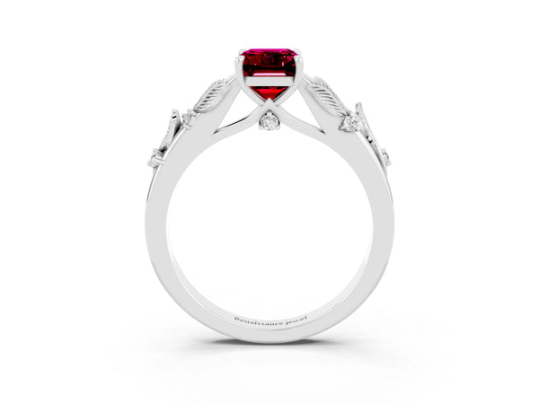 White gold Emerald Cut Garnet Solitaire Ring with Leaf Motif Band and Four-Prong Setting