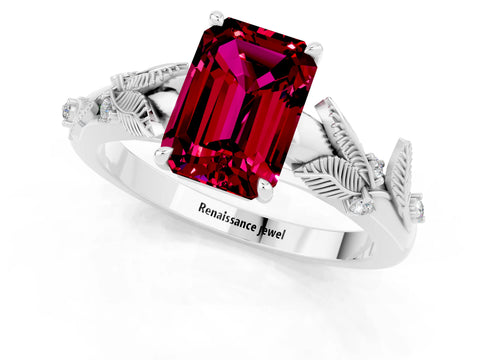 White gold Emerald Cut Garnet Solitaire Ring with Leaf Motif Band and Four-Prong Setting_1