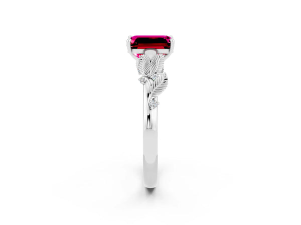 Silver Emerald Cut Garnet Solitaire Ring with Leaf Motif Band and Four-Prong Setting