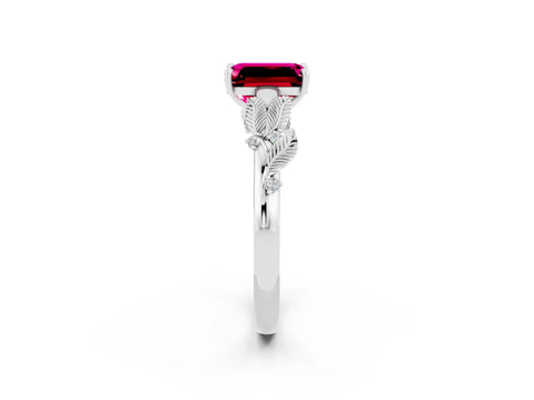 White gold Emerald Cut Garnet Solitaire Ring with Leaf Motif Band and Four-Prong Setting_2