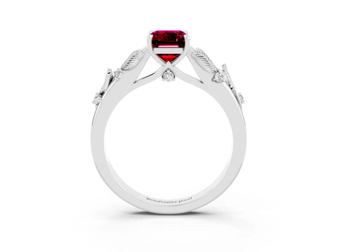 White gold Emerald Cut Garnet Solitaire Ring with Leaf Motif Band and Four-Prong Setting_3