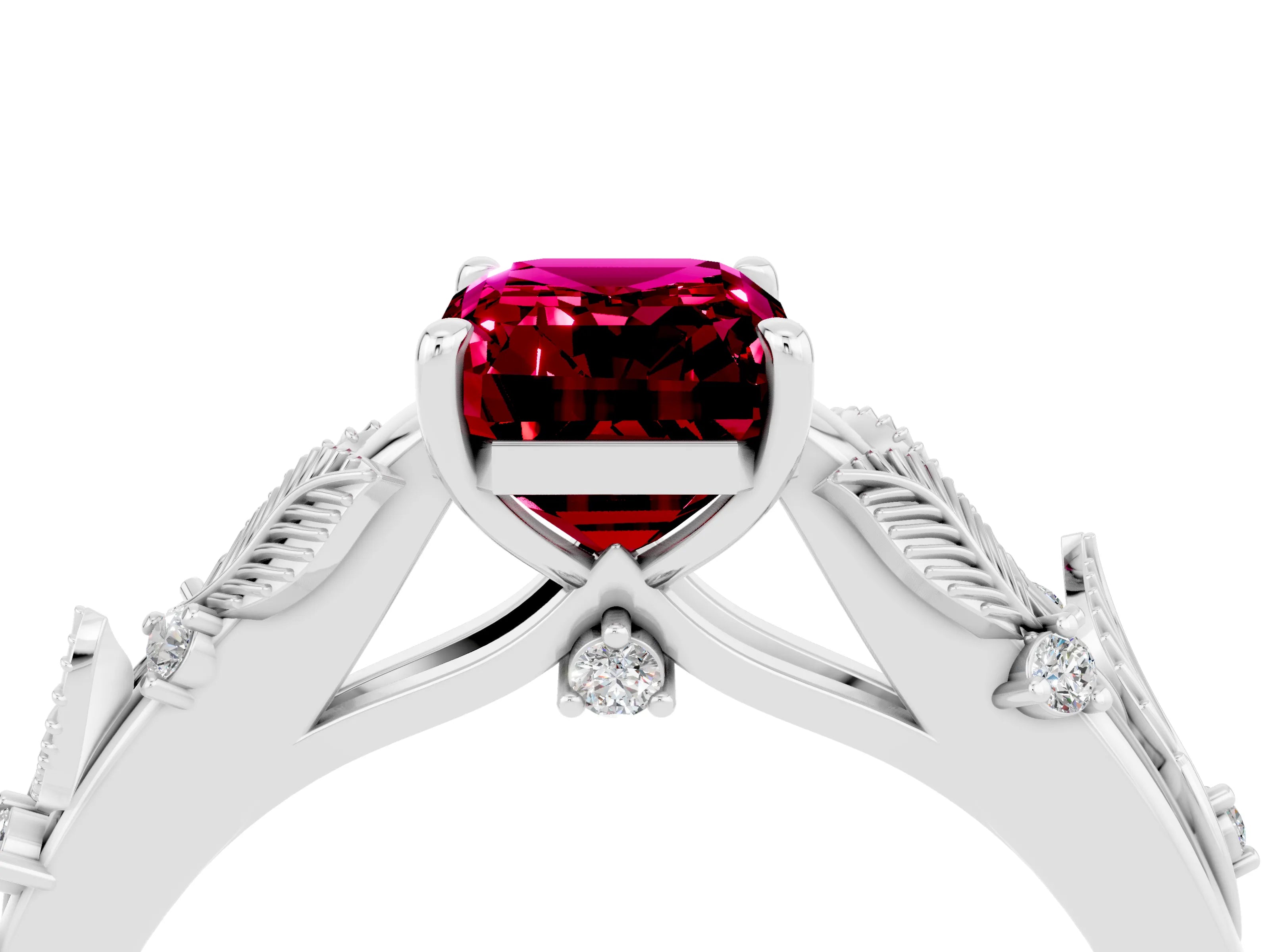 White gold Emerald Cut Garnet Solitaire Ring with Leaf Motif Band and Four-Prong Setting_4
