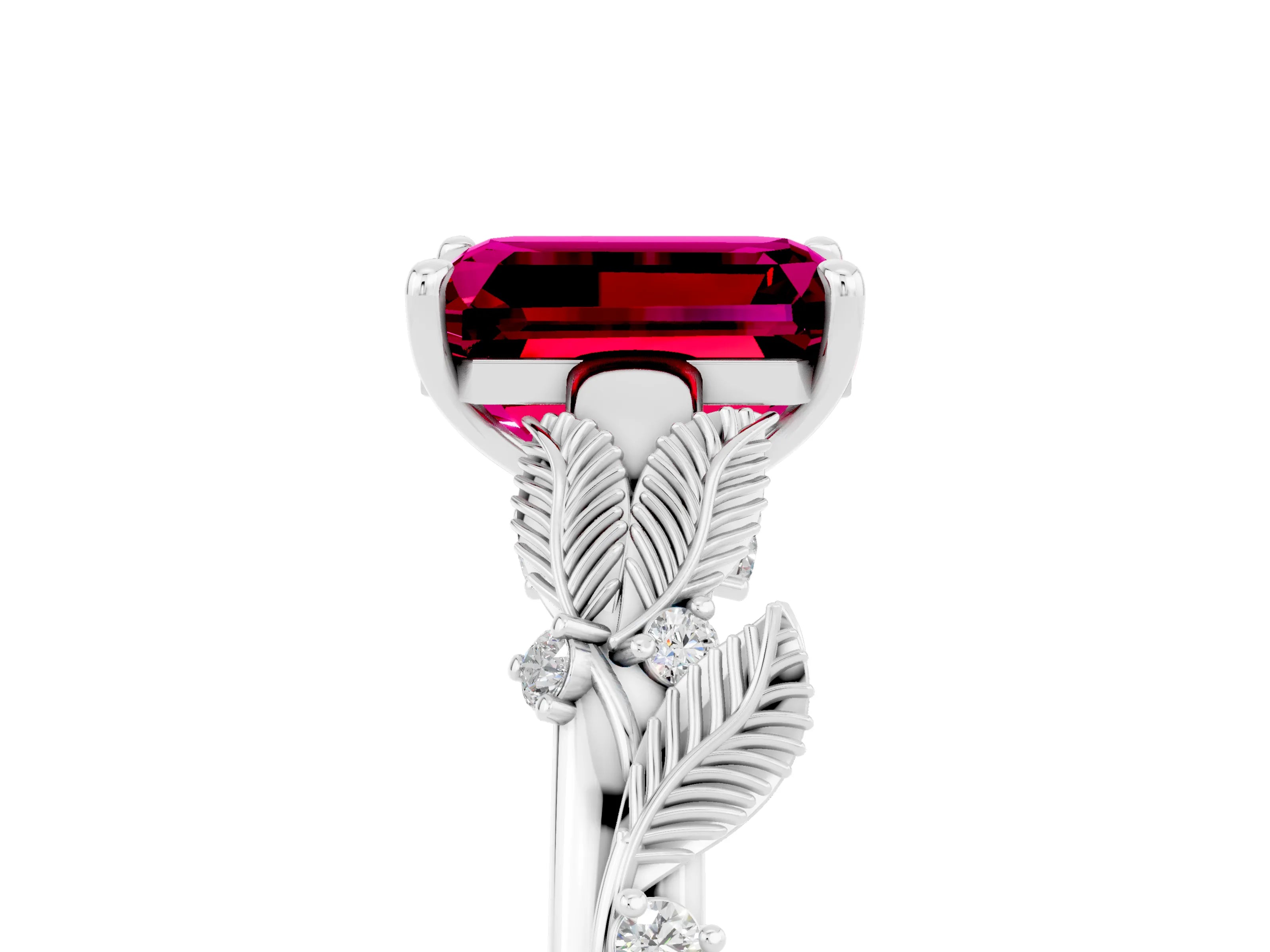White gold Emerald Cut Garnet Solitaire Ring with Leaf Motif Band and Four-Prong Setting_5