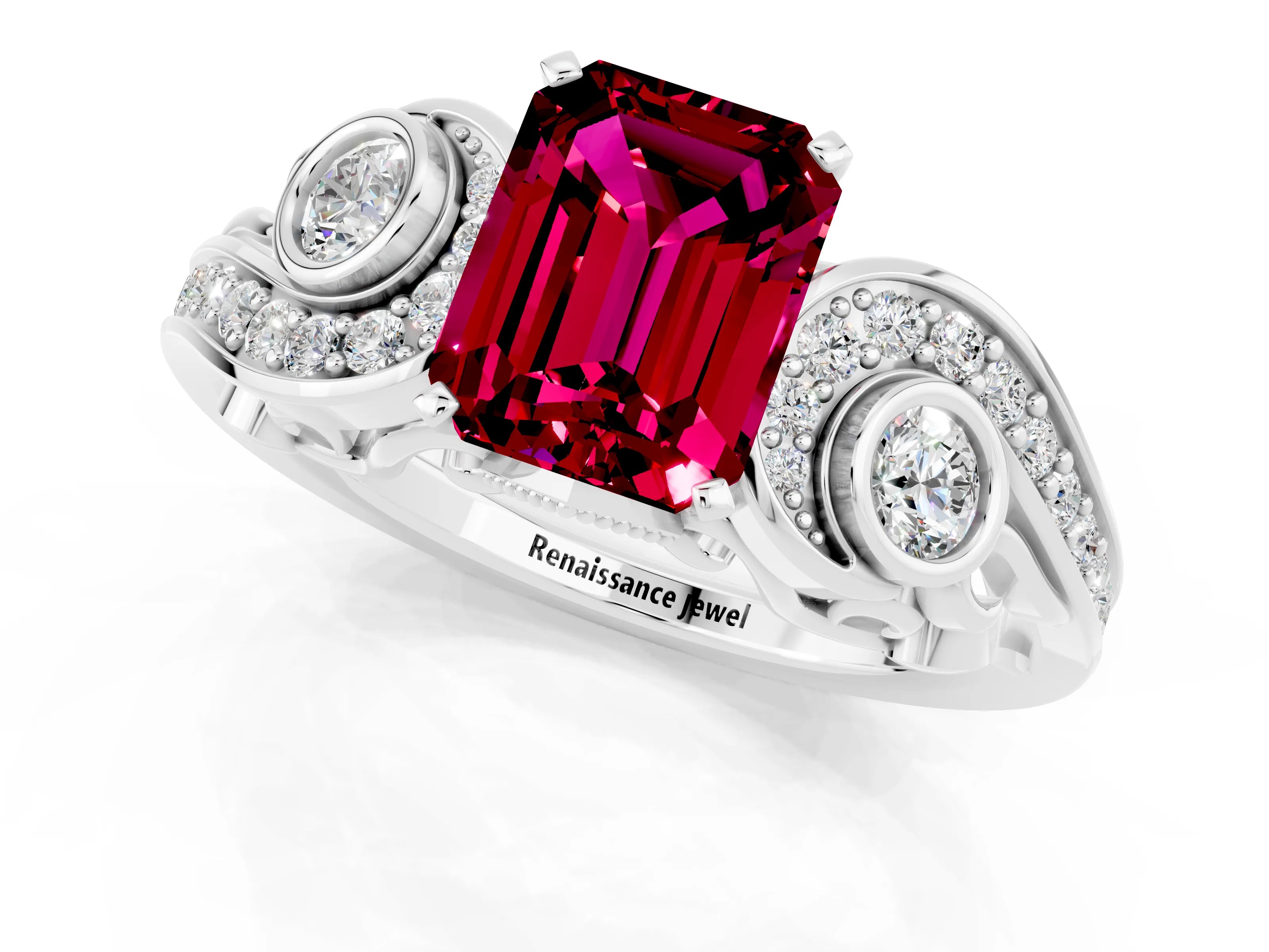 White gold Emerald Cut Garnet Solitaire Ring with Milgrain Pavé Band and Four-Prong Setting_13