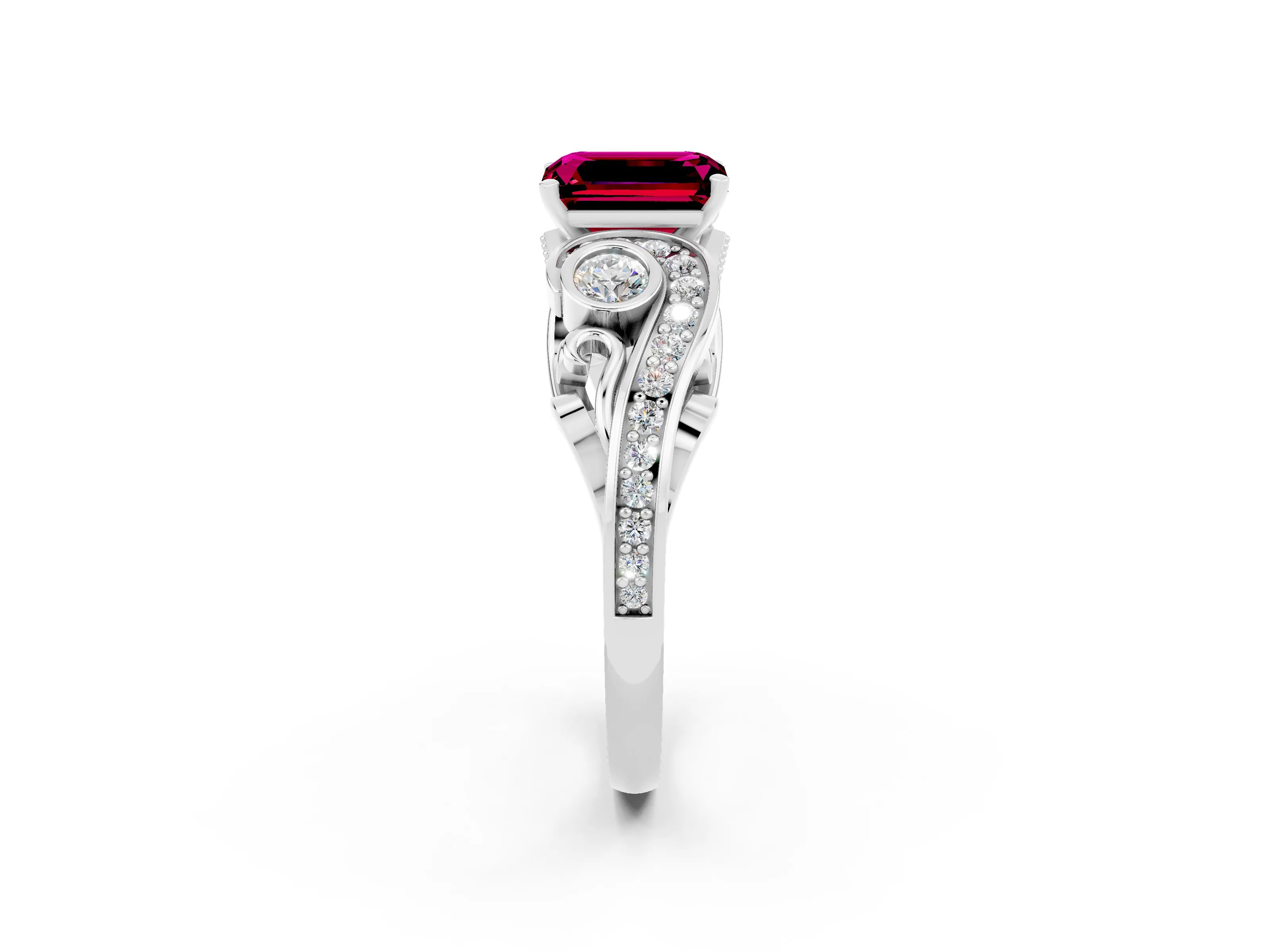 White gold Emerald Cut Garnet Solitaire Ring with Milgrain Pavé Band and Four-Prong Setting_14