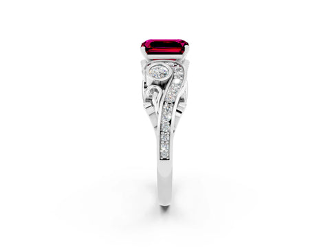 White gold Emerald Cut Garnet Solitaire Ring with Milgrain Pavé Band and Four-Prong Setting_14