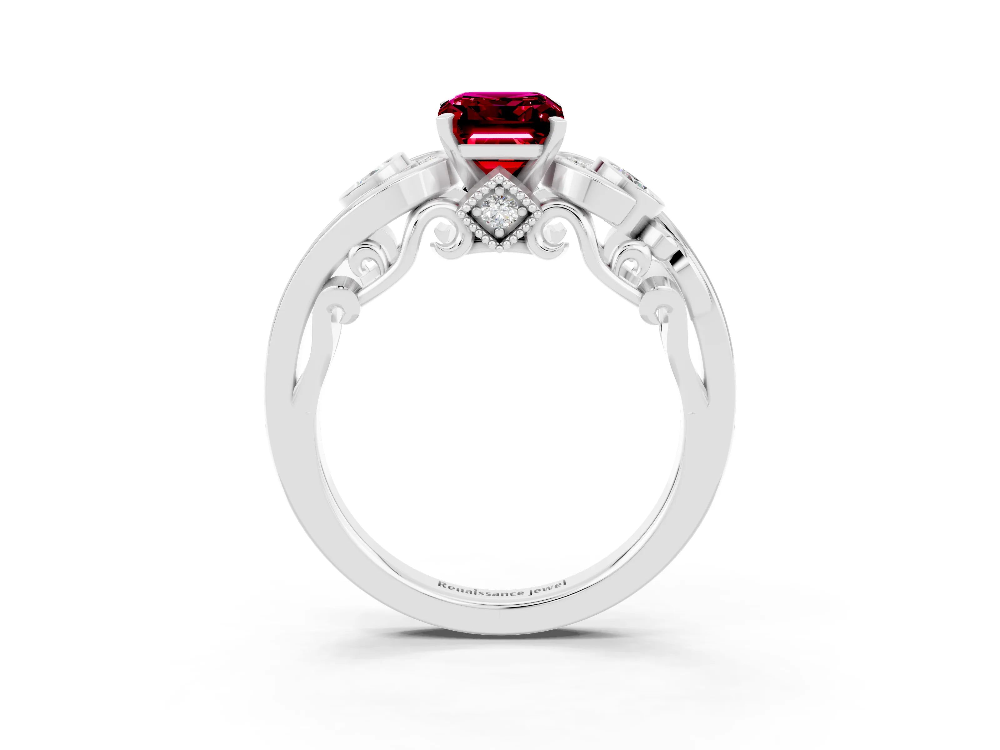 White gold Emerald Cut Garnet Solitaire Ring with Milgrain Pavé Band and Four-Prong Setting_15