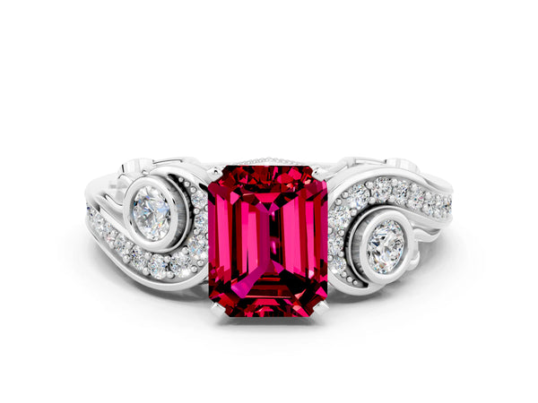 White gold Emerald Cut Garnet Solitaire Ring with Milgrain Pavé Band and Four-Prong Setting