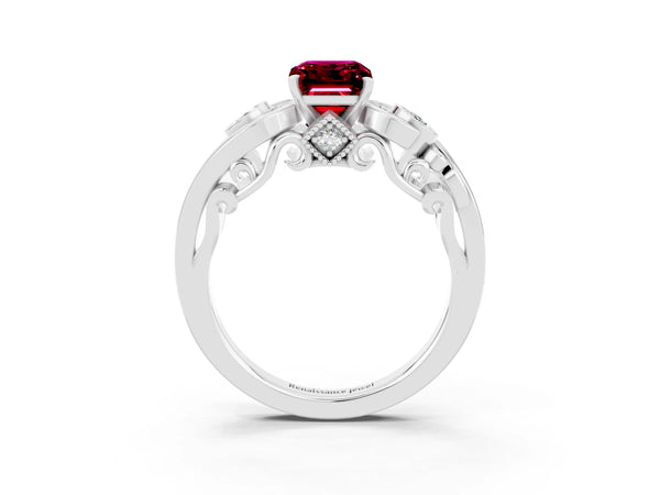 White gold Emerald Cut Garnet Solitaire Ring with Milgrain Pavé Band and Four-Prong Setting