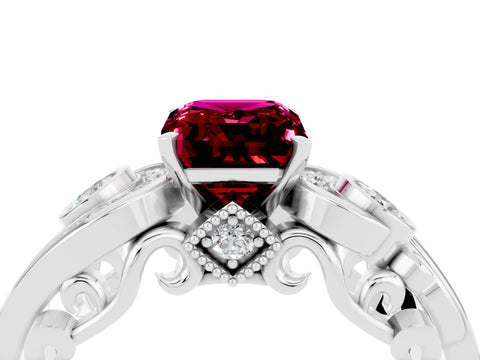 White gold Emerald Cut Garnet Solitaire Ring with Milgrain Pavé Band and Four-Prong Setting_52