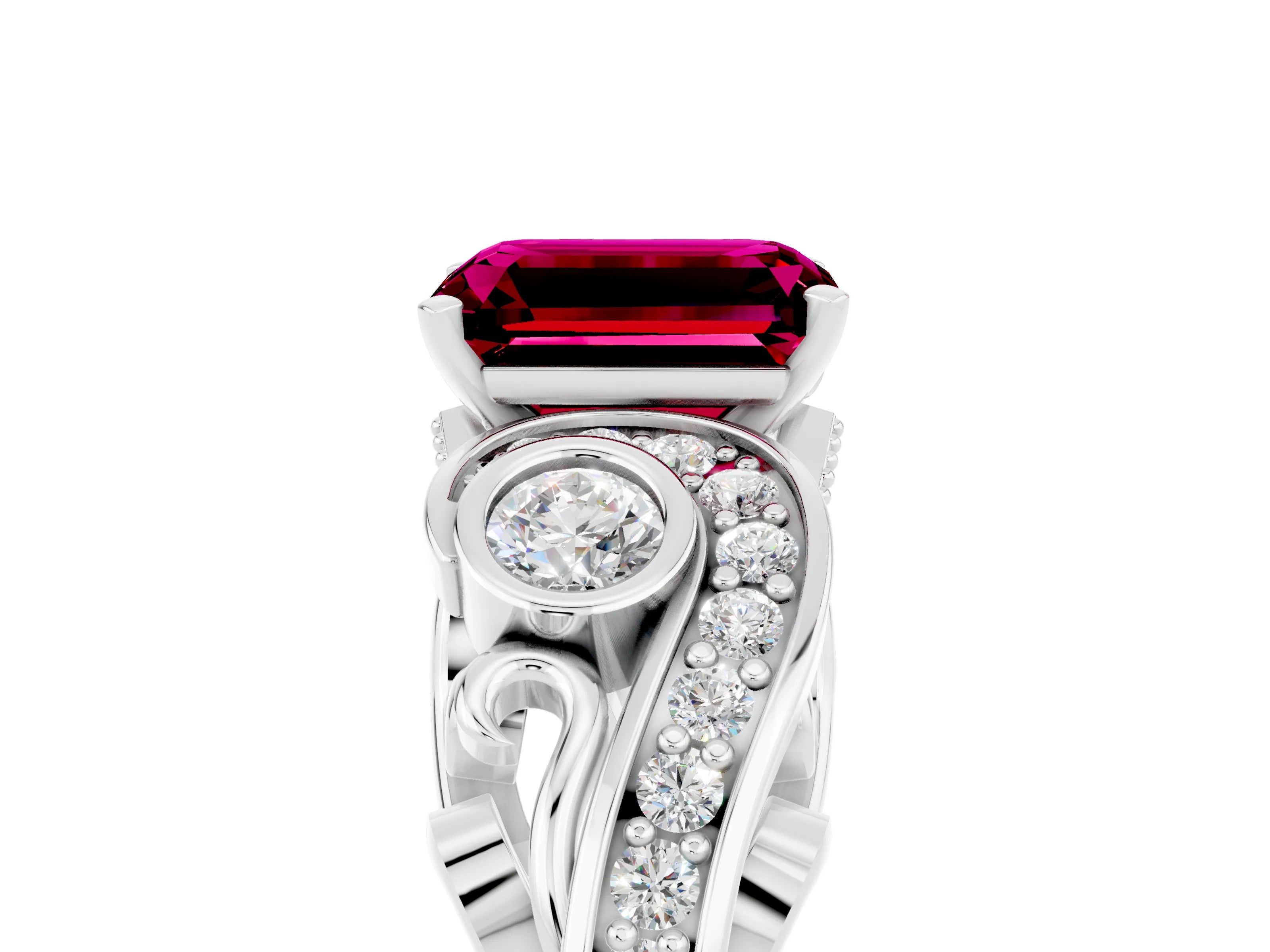 White gold Emerald Cut Garnet Solitaire Ring with Milgrain Pavé Band and Four-Prong Setting_53