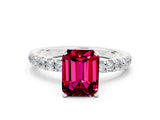 White gold Emerald Cut Garnet Solitaire Ring with Pavé Accents and Four-Prong Setting