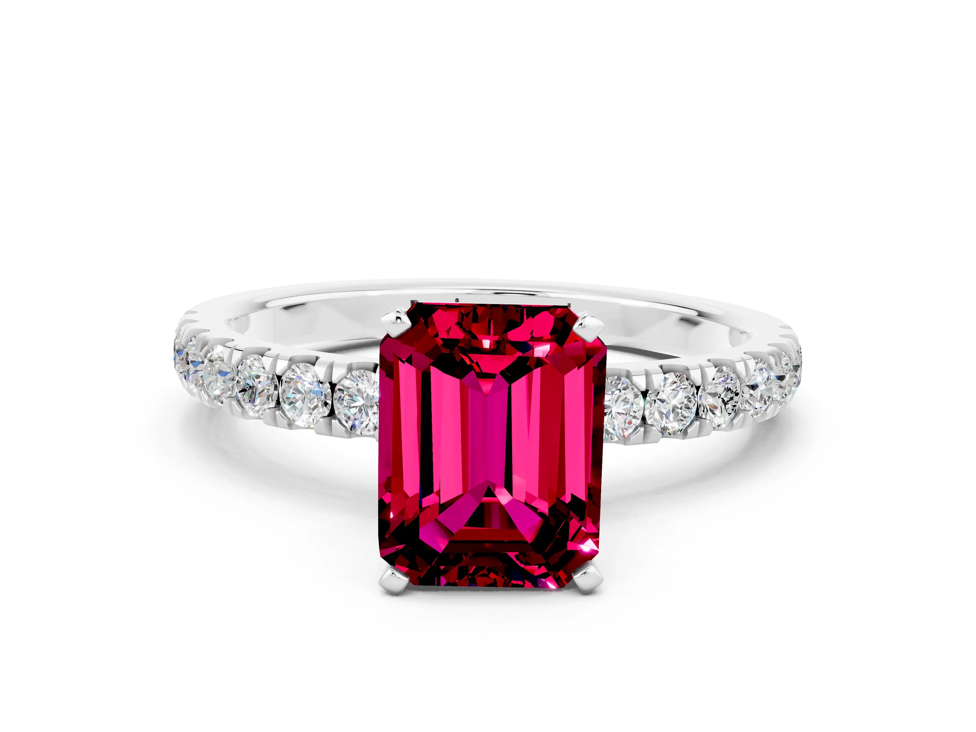 White gold Emerald Cut Garnet Solitaire Ring with Pavé Accents and Four-Prong Setting
