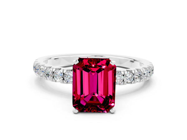 White gold Emerald Cut Garnet Solitaire Ring with Pavé Accents and Four-Prong Setting
