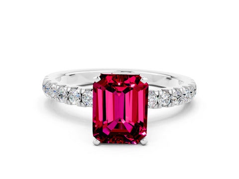 White gold Emerald Cut Garnet Solitaire Ring with Pavé Accents and Four-Prong Setting
