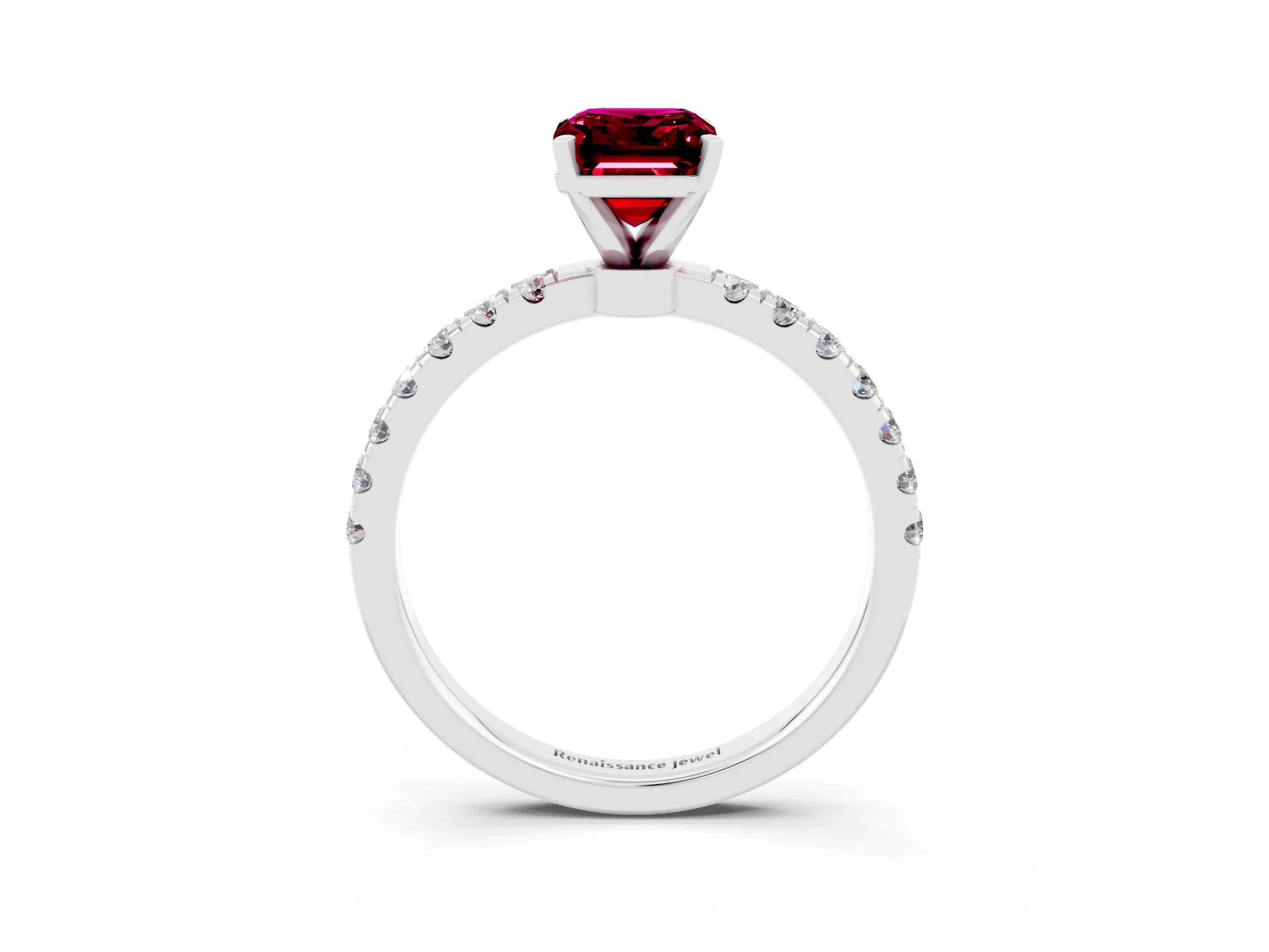 White gold Emerald Cut Garnet Solitaire Ring with Pavé Accents and Four-Prong Setting_3