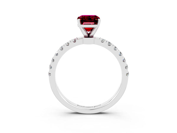 White gold Emerald Cut Garnet Solitaire Ring with Pavé Accents and Four-Prong Setting