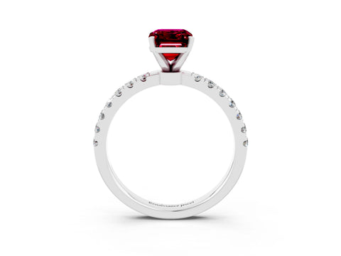 White gold Emerald Cut Garnet Solitaire Ring with Pavé Accents and Four-Prong Setting_3