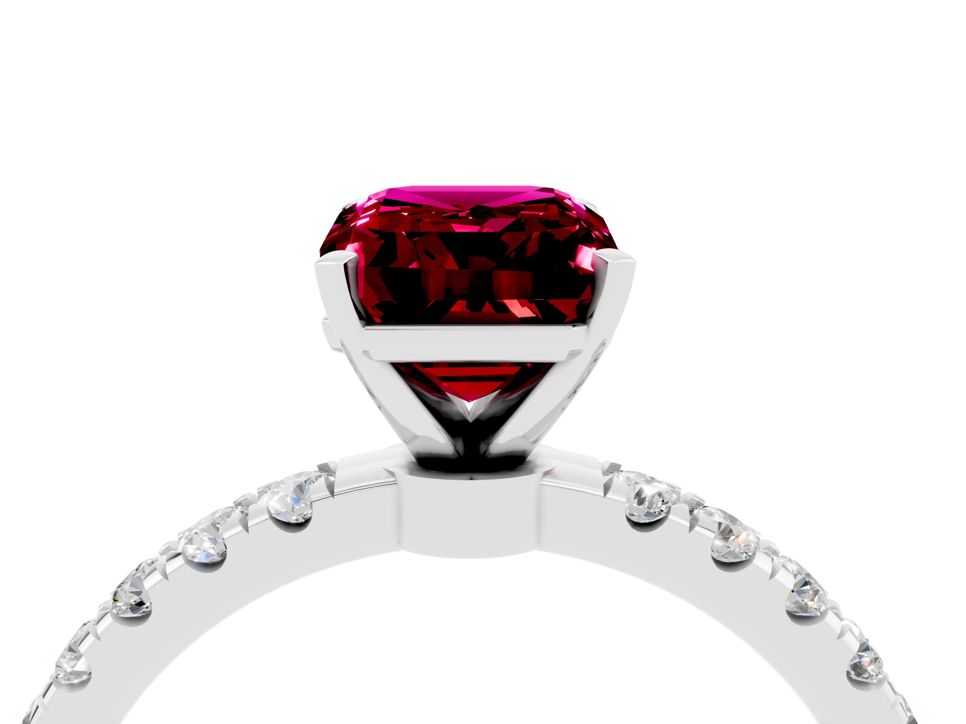 White gold Emerald Cut Garnet Solitaire Ring with Pavé Accents and Four-Prong Setting_4