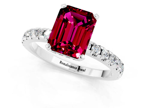 White gold Emerald Cut Garnet Solitaire Ring with Pavé Band and Four-Prong Setting_25