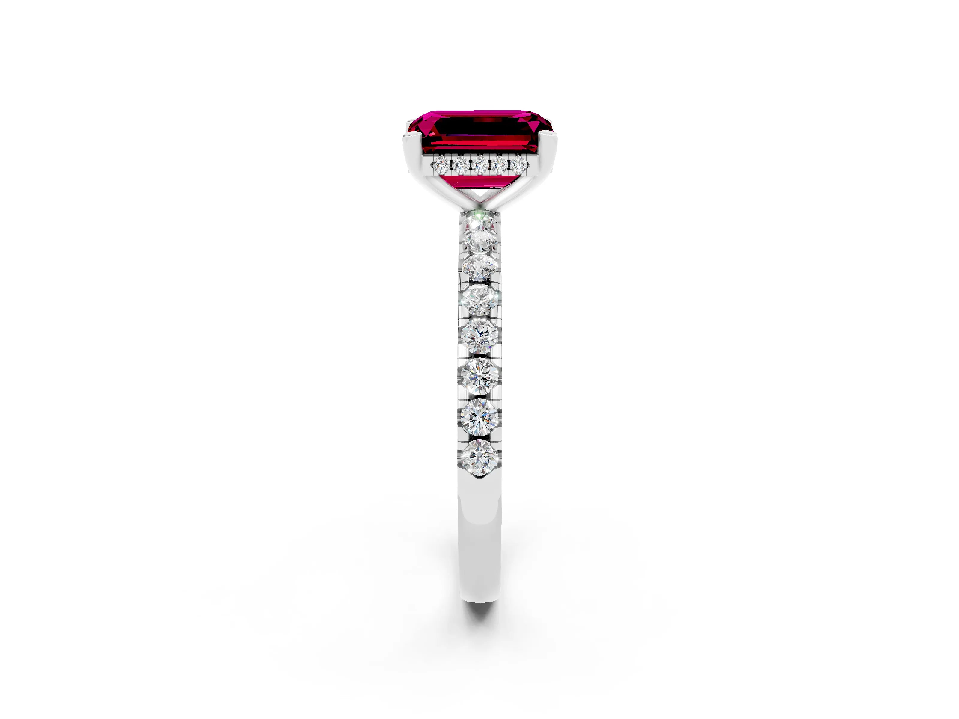 White gold Emerald Cut Garnet Solitaire Ring with Pavé Band and Four-Prong Setting_26