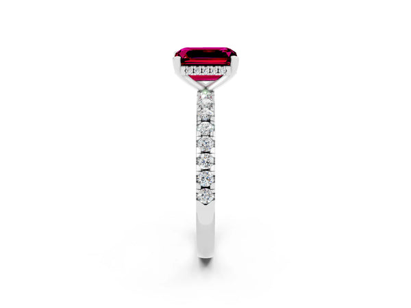 Platinum Emerald Cut Garnet Solitaire Ring with Round  Pavé Band and Four-Prong Setting