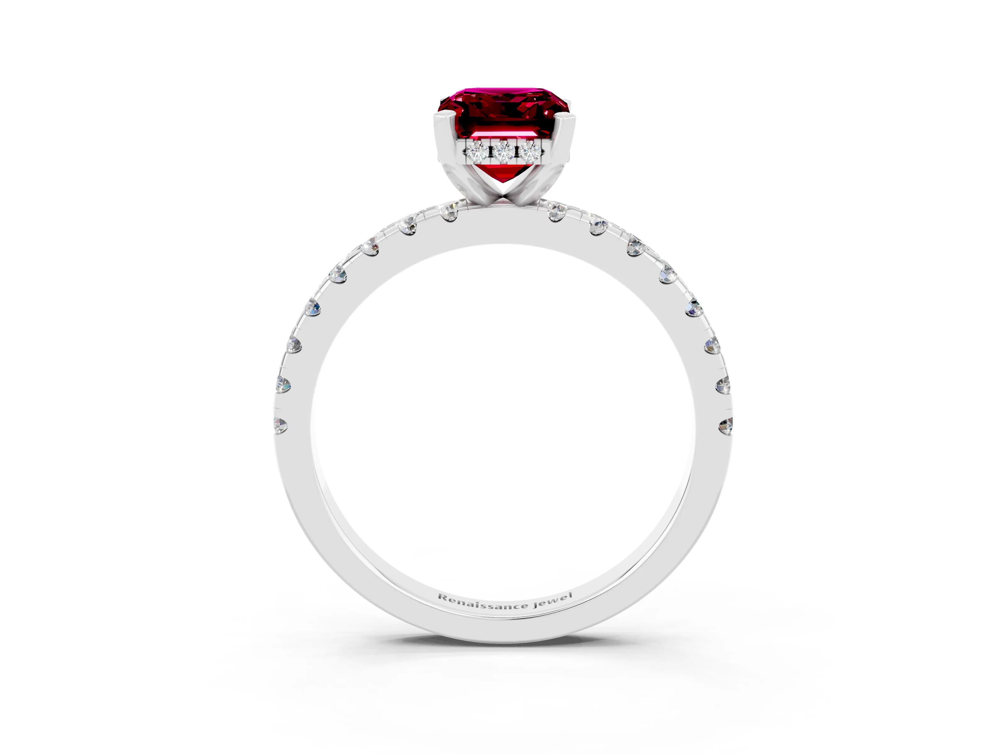 White gold Emerald Cut Garnet Solitaire Ring with Pavé Band and Four-Prong Setting_27