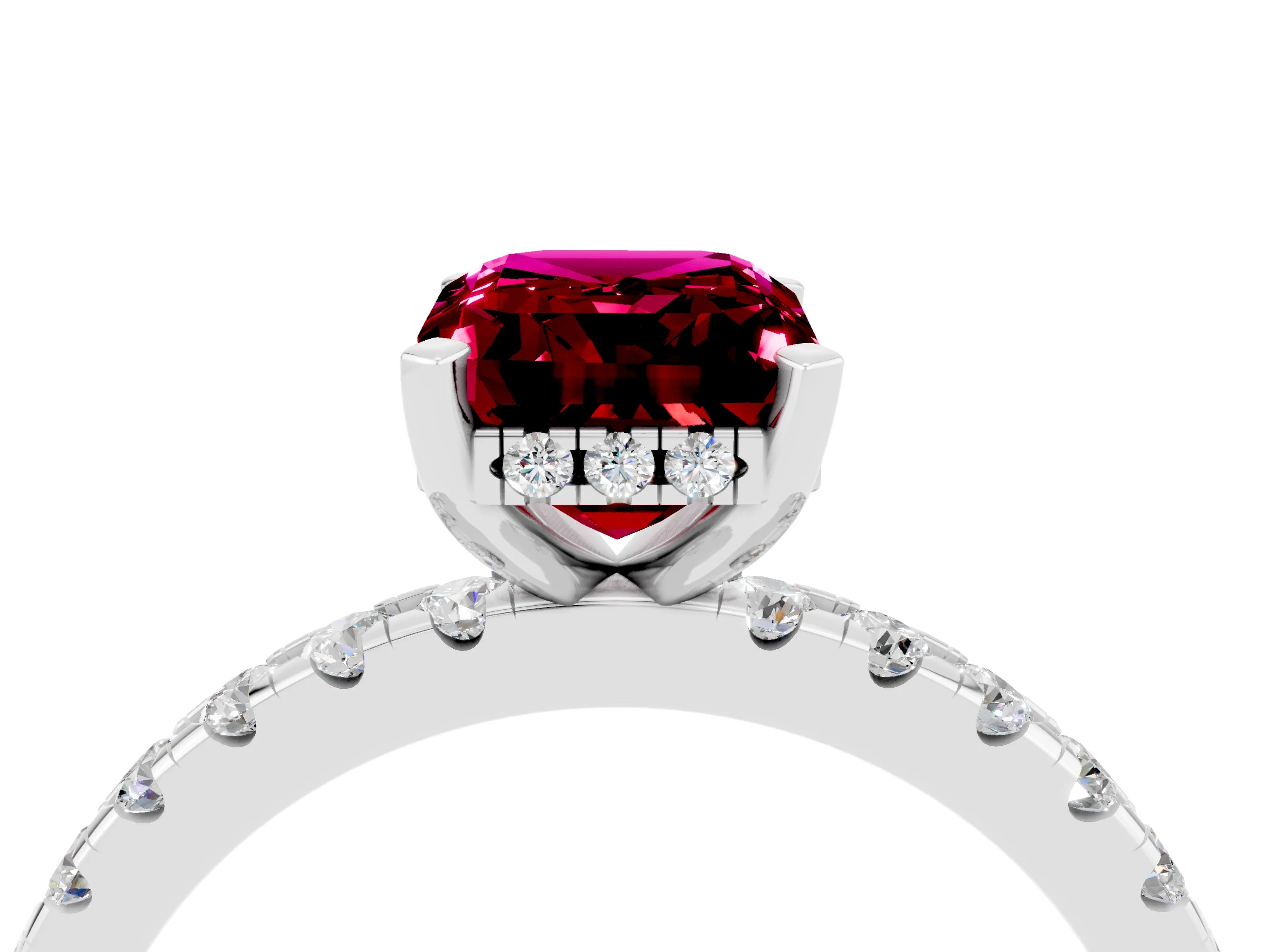 White gold Emerald Cut Garnet Solitaire Ring with Pavé Band and Four-Prong Setting_28