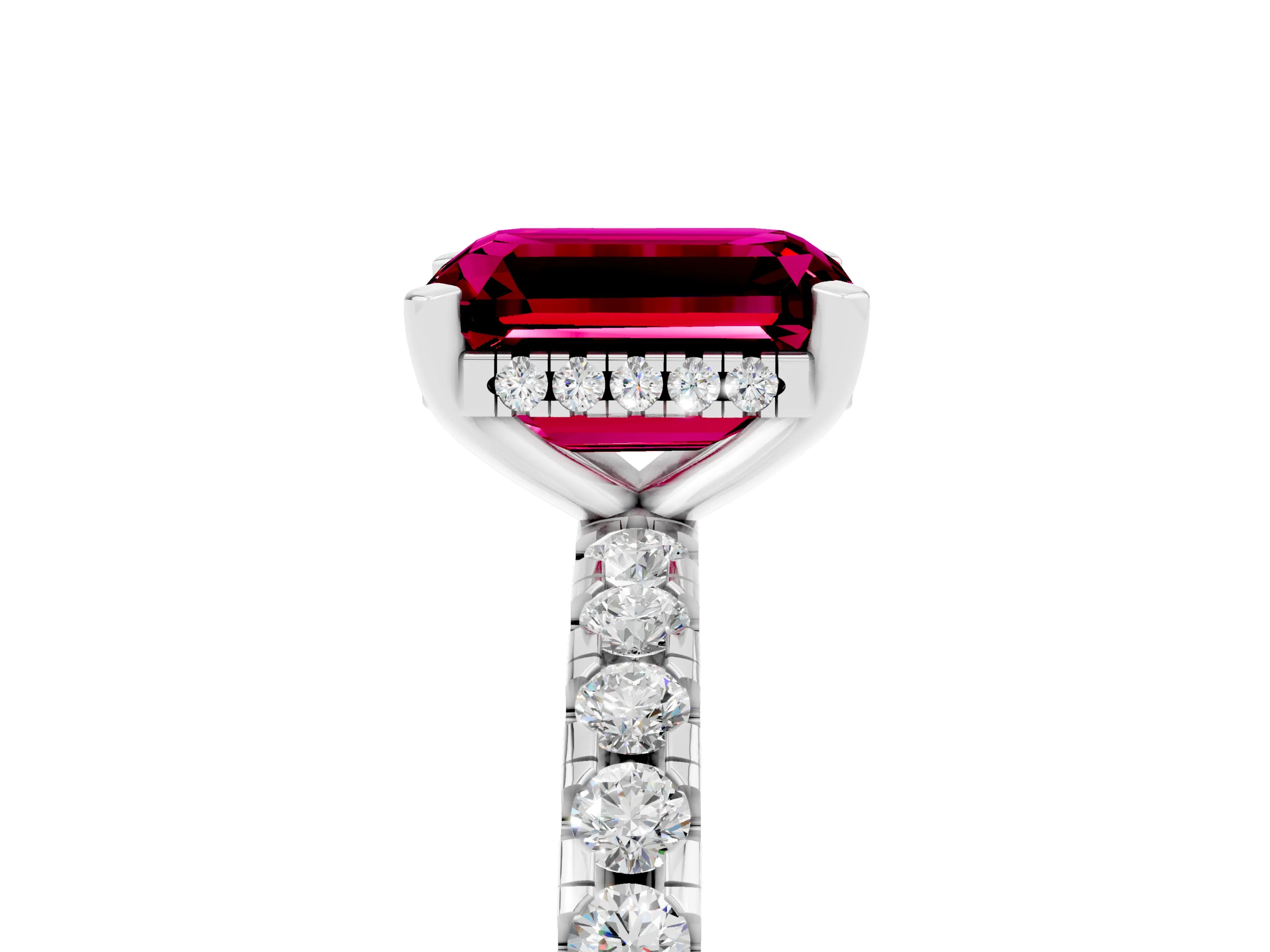 White gold Emerald Cut Garnet Solitaire Ring with Pavé Band and Four-Prong Setting_29