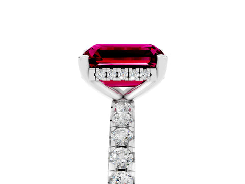 White gold Emerald Cut Garnet Solitaire Ring with Pavé Band and Four-Prong Setting_29