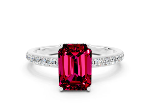 White gold Emerald Cut Garnet Solitaire Ring with Pavé Band and Hidden Halo_18