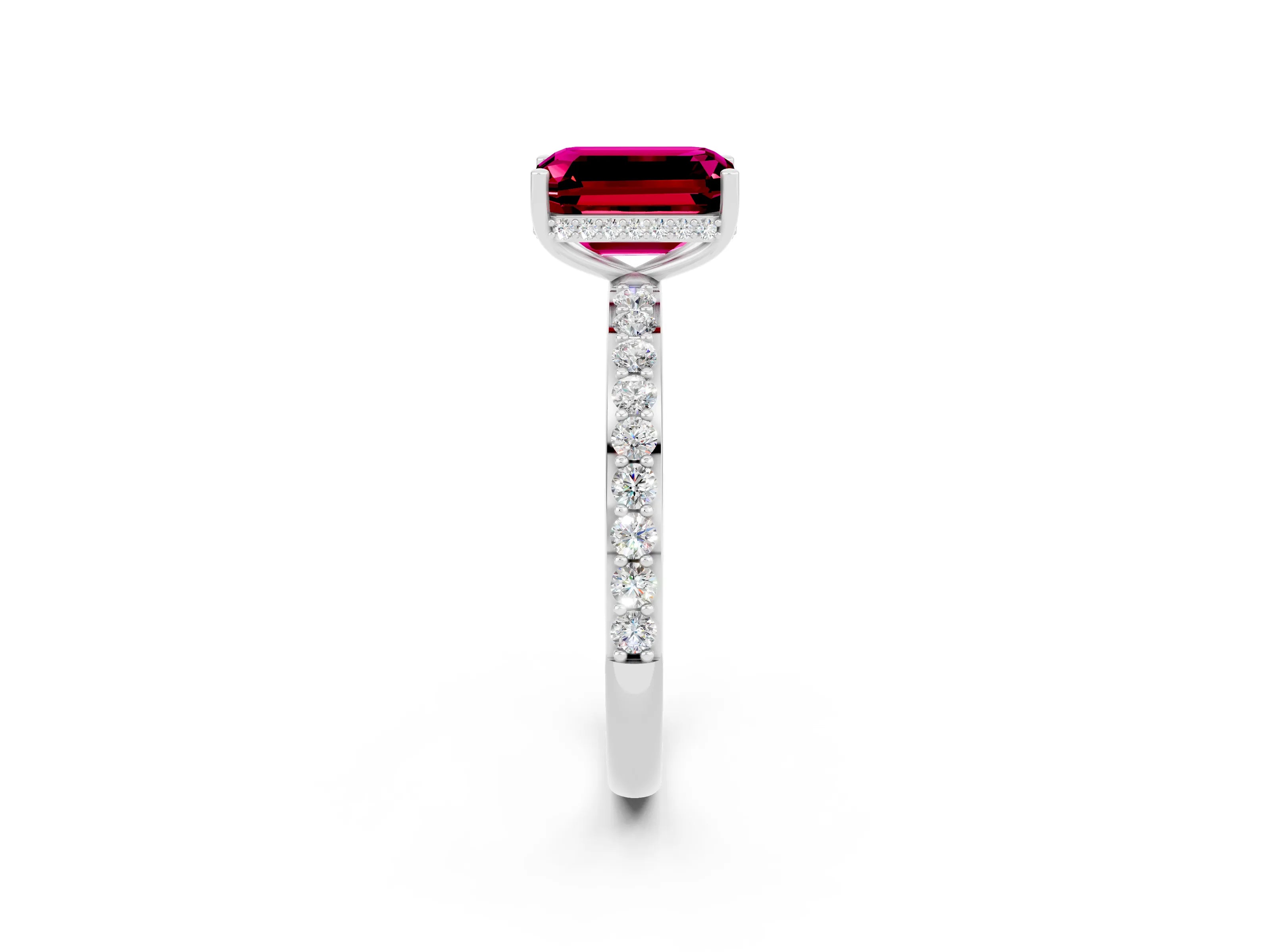 White gold Emerald Cut Garnet Solitaire Ring with Pavé Band and Hidden Halo_20