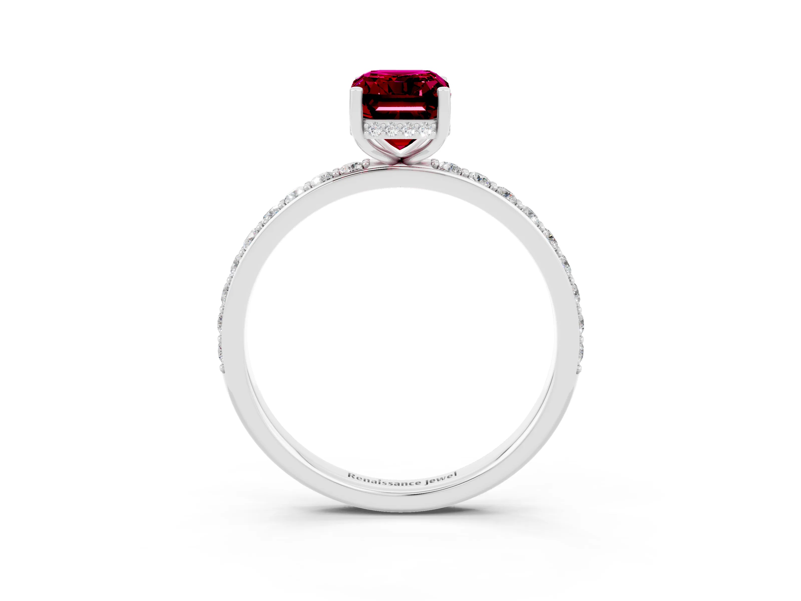White gold Emerald Cut Garnet Solitaire Ring with Pavé Band and Hidden Halo_21