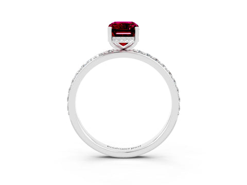 White gold Emerald Cut Garnet Solitaire Ring with Pavé Band and Hidden Halo_21