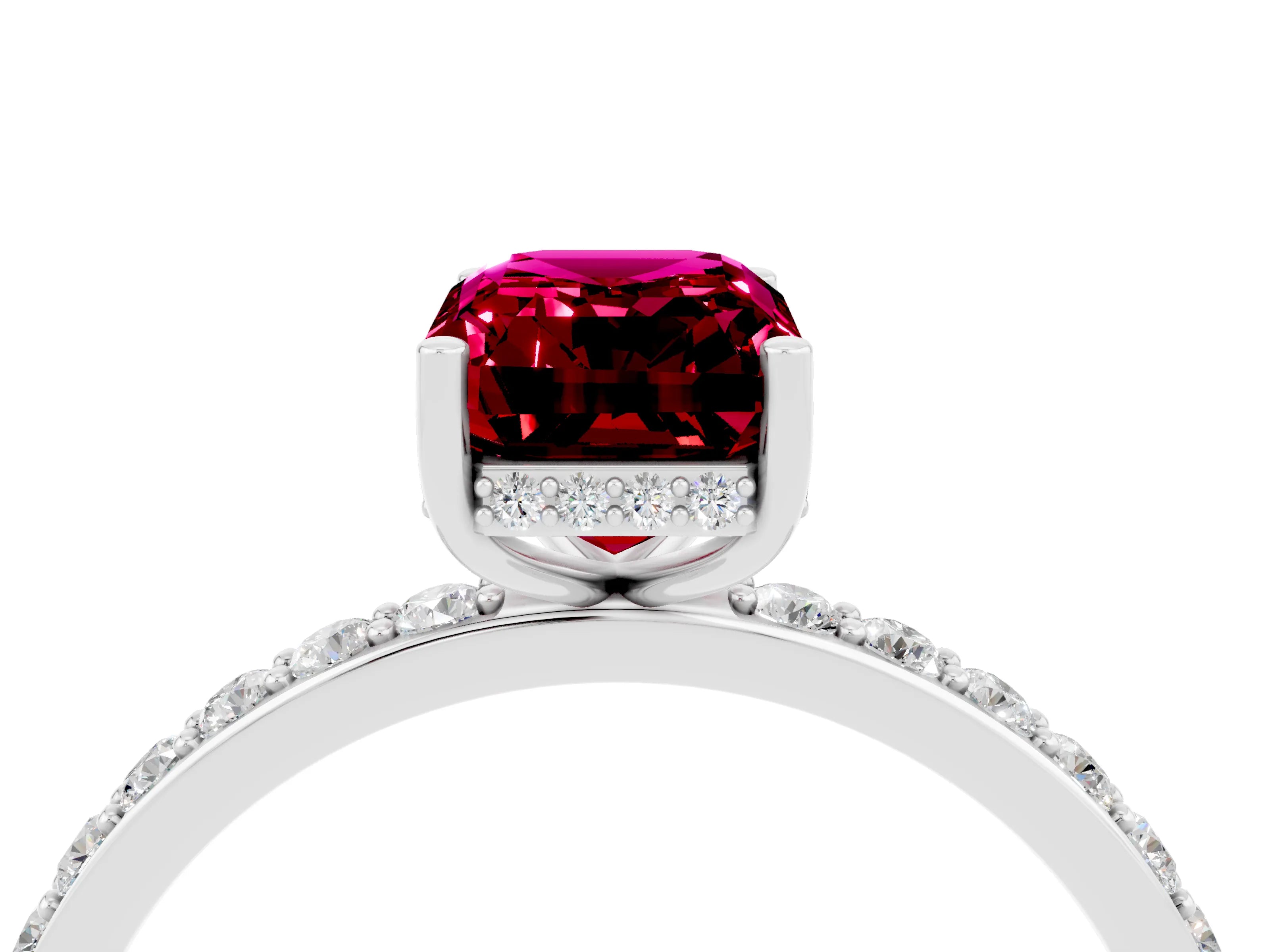 White gold Emerald Cut Garnet Solitaire Ring with Pavé Band and Hidden Halo_22