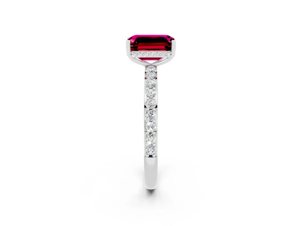 Platinum Emerald Cut Garnet Solitaire Ring with Pavé Band and Hidden Halo