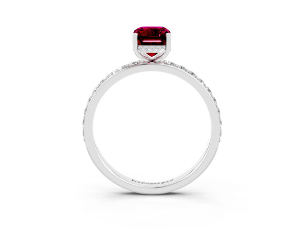 Platinum Emerald Cut Garnet Solitaire Ring with Pavé Band and Hidden Halo