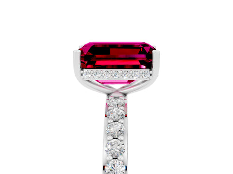 White gold Emerald Cut Garnet Solitaire Ring with Pavé Band and Hidden Halo_29