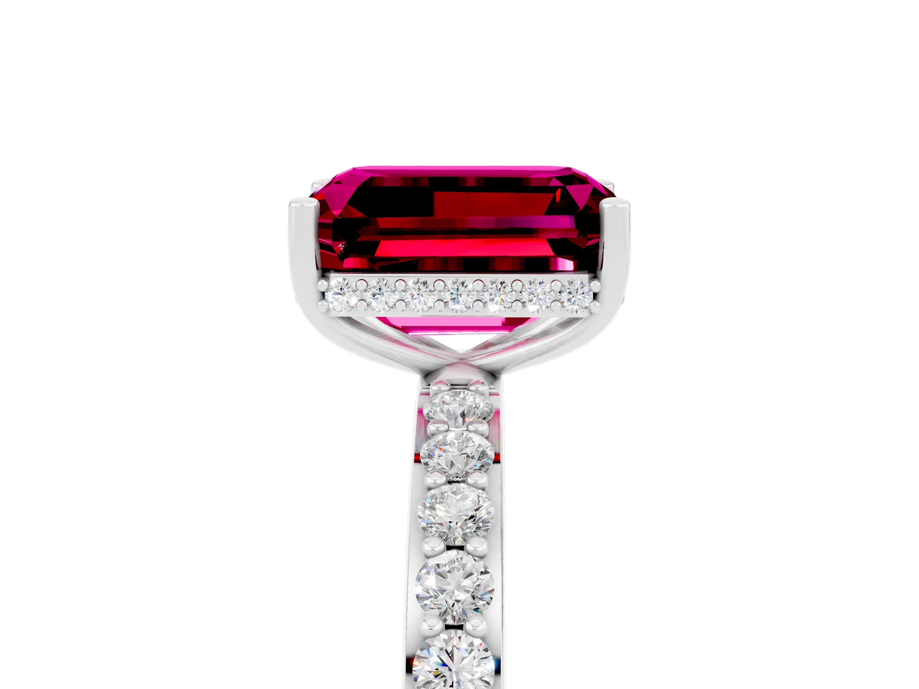 White gold Emerald Cut Garnet Solitaire Ring with Pavé Band and Hidden Halo_47