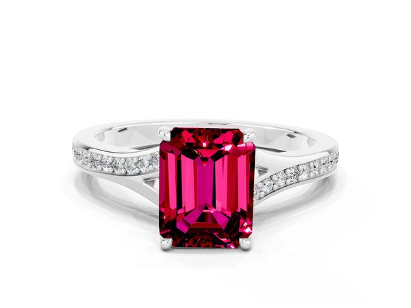 Platinum Emerald Cut Garnet Solitaire Ring with Pavé Band and Prong Setting