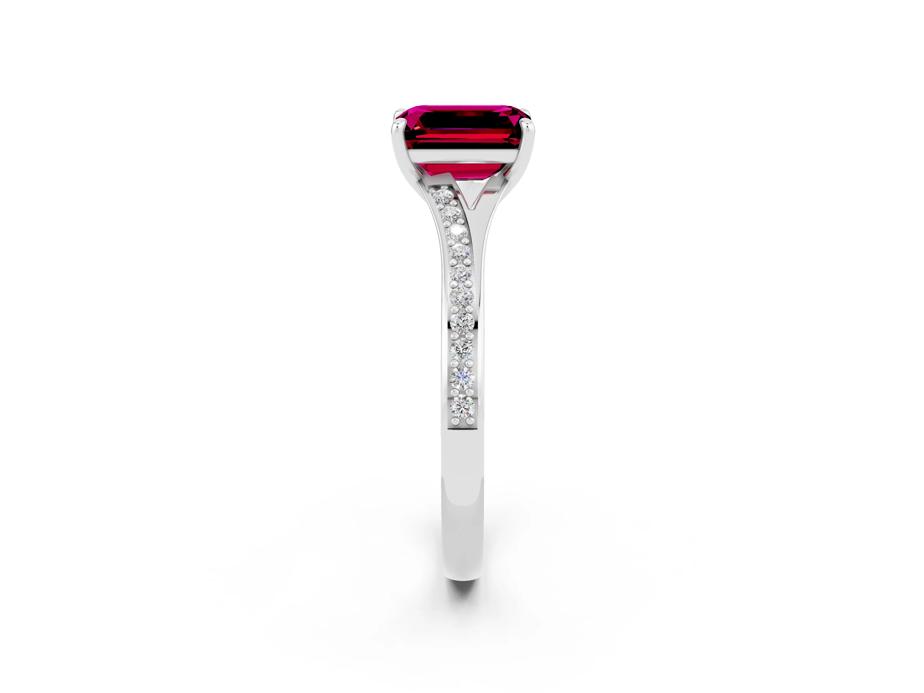 White gold Emerald Cut Garnet Solitaire Ring with Pavé Band and Prong Setting_2